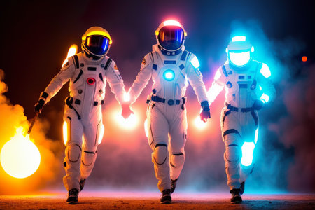 group of astronauts explore a planet in outer space with a stellar and cosmic background. AI generated illustrationの素材