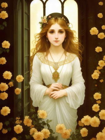 Art Nouveau styled woman with flowers and frame. Pretty beautiful woman in Alphonse Mucha style AI generated illustrationの素材