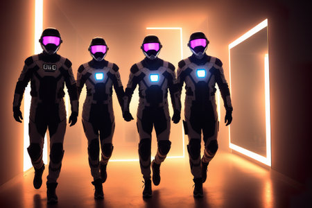 group of astronauts explore a planet in outer space with a stellar and cosmic background. AI generated illustrationの素材