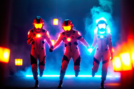 group astronauts explore a planet in outer space with a stellar and cosmic background. AI generated illustrationの素材