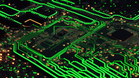 Virtual environment and cyberspace set of glowing screens and network equipment workplace of hacker or programmer blurred background in cyberpunk style. AI generated illustrationの素材