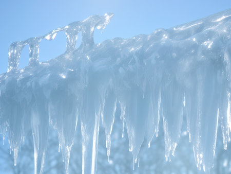 Beautiful transparent icicles on house on blue background with rays of sun, AI generative illustrationの素材