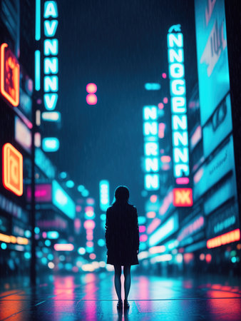 A young sad woman on a rainy night street in a lit city with cars driving down a lit road with advertising lights and a crosswalk, puddles of water. Rear view, sad stress atmosphere, AI generative illustrationの素材