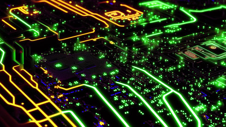 Virtual environment and cyberspace set of glowing screens and network equipment workplace of hacker or programmer blurred background in cyberpunk style. AI generated illustrationの素材