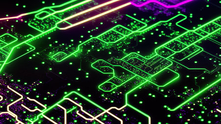 Virtual environment and cyberspace set of glowing screens and network equipment workplace of hacker or programmer blurred background in cyberpunk style. AI generated illustrationの素材