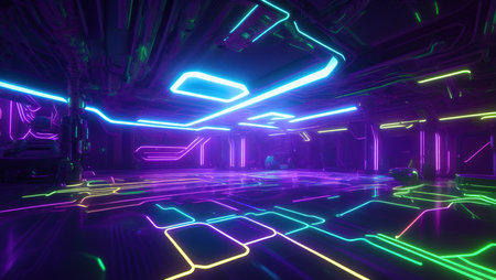 Virtual environment and cyberspace set of glowing screens and network equipment workplace of hacker or programmer blurred background in cyberpunk style. AI generated illustrationの素材