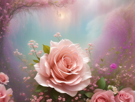 Beautiful bouquet of pink peonies, abstract floral design in pastel colors for prints, cards or wallpaper. Artistic illustration in evening light, AI generative illustrationの素材