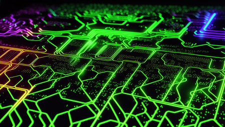 Virtual environment and cyberspace set of glowing screens and network equipment workplace of hacker or programmer blurred background in cyberpunk style. AI generated illustrationの素材