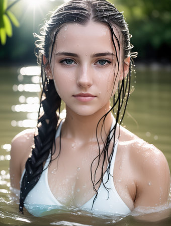 Portrait of a perfect female body of a gorgeous girl in a tropical resort, bronze tanned skin, woman bathing, AI generative illustrationの素材