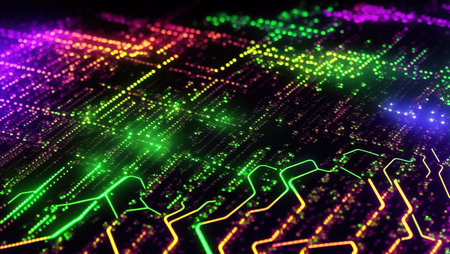 Virtual environment and cyberspace set of glowing screens and network equipment workplace of hacker or programmer blurred background in cyberpunk style. AI generated illustrationの素材