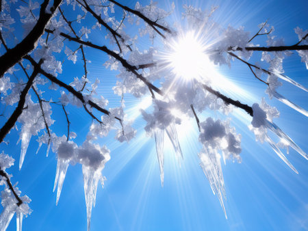 Beautiful transparent icicles on house on blue background with rays of sun, AI generative illustrationの素材
