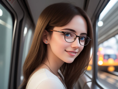 tourist girl in eyeglasses walking through the city, Europe, AI generative illustrationの素材