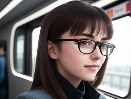 tourist girl in eyeglasses walking through the city, Europe, AI generative illustrationの素材