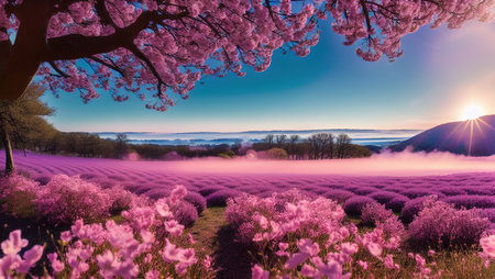 Mountains and sakura blossoms in spring, colorful spring season, Mountains with spring pink lavender flowers and morning mist. Spring's fabulous panorama, AI generative illustrationの素材