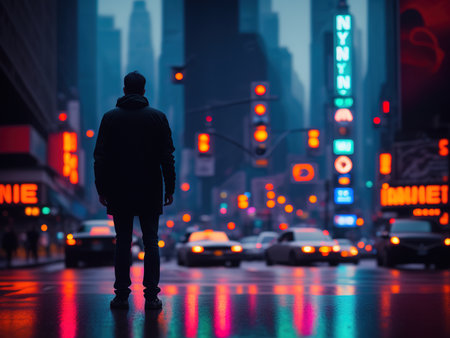 A young man on a rainy night street in a lit city with cars driving down a lit road with advertising lights and a crosswalk, puddles of water. Rear view, sad atmosphere, AI generative illustrationの素材