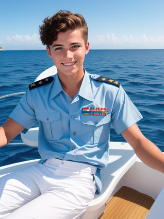 A young European captain on the deck of a cruise ship. Smiling ship's captain in uniform against the background of the sea. Ship captain standing in port, AI generative illustrationの素材