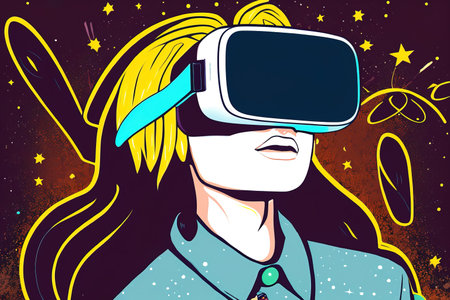 young attractive girl in VR virtual reality glasses headset watching video happy amazed and overwhelmed by the new advanced technology experience in gaming concept, AI generative illustrationの素材