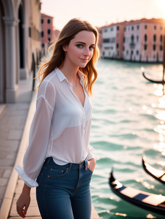 tourist girl walking through the city, Europe, AI generative illustrationの素材