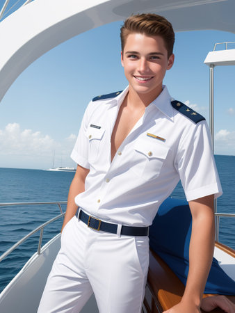 A young European captain on the deck of a cruise ship. Smiling ship's captain in uniform against the background of the sea. Ship captain standing in port, AI generative illustrationの素材