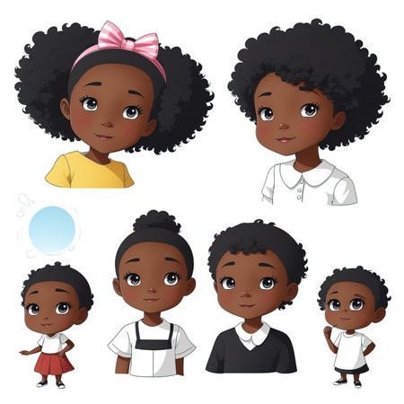 Set of kid , child cartoon characters. Avatars collection of cute children. Vector illustration of different nationalities children's portraits, arranged in square shape.の素材