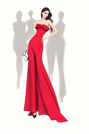fashion illustration of a beautiful, young, happy, smiling woman in a summer outfit. Fashion model posing, isolated on a white background.の素材