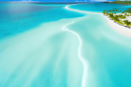 Beautiful carribean sea, panoramic aeral view from the beach. Tropical landscape of summer scenery, white sand with palm trees. AI generatedの素材