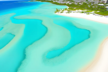 Beautiful carribean sea, panoramic aeral view from the beach. Tropical landscape of summer scenery, white sand with palm trees. AI generatedの素材