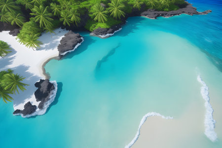 Beautiful carribean sea, panoramic view from the beach. Tropical landscape of summer scenery, white sand with palm trees. AI generatedの素材