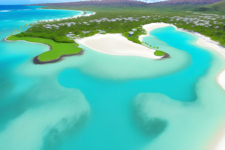 Beautiful carribean sea, panoramic aeral view from the beach. Tropical landscape of summer scenery, white sand with palm trees. AI generatedの素材