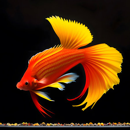 Beautiful red and yellow colors "Betta Fighting Fish" capture the moving moment beautiful of betta siam fish in Thailand on a Black background generative aiの素材