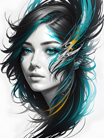 Beauty salon hairstyle studio multicolor illustration. Beautiful luxury woman portrait with bare shoulders, wavy, long flying hair and elegant makeup, long eyelashes, lipstick on her lips. AI generativeの素材