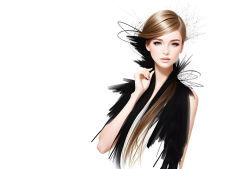 fashion illustration of a beautiful, young woman in a summer luxury outfit. Fashion model posing, isolated on a white background with copy space. AI generativeの素材