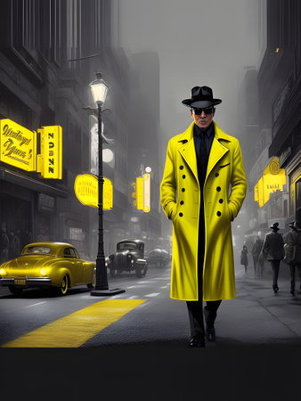 Man walking down the street on a rainy night. Man in hat and yellow coat in watercolor drawing. Retrographic art from the '50s. dream art. Generative AIの素材
