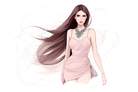 fashion illustration of a beautiful, young woman in a summer luxury outfit. Fashion model posing, isolated on a white background. AI generativeの素材