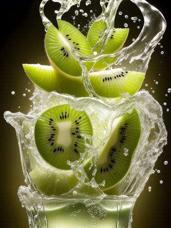 Fresh kiwi flying with water splashes. Flying Kiwi with ices and mint leaves on yellow background. AI generativeの素材