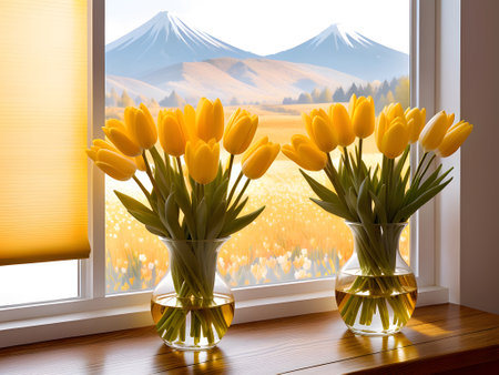pink lily flowers decoration in a glass vase on window with sunlight on wooden table with copy space, floral spa background with spirit of purity. mountains and sunset background. generative aiの素材