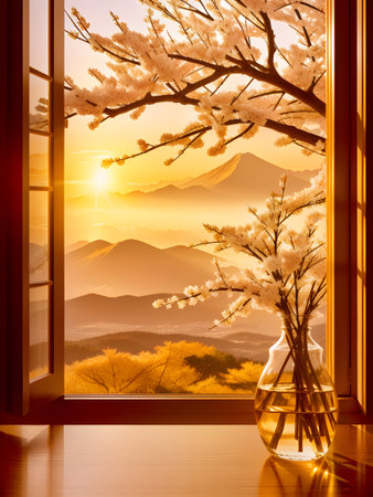 white flowers decoration in a glass vase on window with sunlight on wooden table with copy space, floral spa background with spirit of purity. mountains and sunset background. generative aiの素材