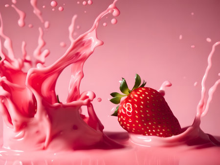 Strawberries falling into yogurt or milk cream with a splash of pink background. generative aiの素材