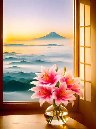 pink lily flowers decoration in a glass vase on window with sunlight on wooden table with copy space, floral spa background with spirit of purity. mountains and sunset background. generative aiの素材