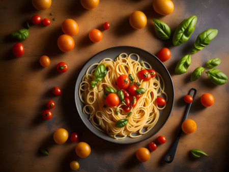 Spaghetti pasta with tomatoes, olives, mozzarella cheese and fresh basil in plate on rustic wooden background. Generative AIの素材