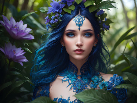 Beauty, jungle and flowers with a portrait of a woman for tropical or exotic skin care, makeup and cosmetics. Summer, spa and nature with model and rose crown in the forest for salon, plant and luxury. generative aiの素材