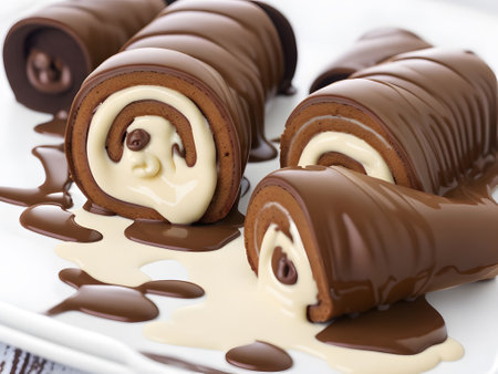 slice of chocolate swiss roll cake made with sponge cake base, layer of butter cream, then rolled into roll cake. Its perfect for celebration. served on plate. selected focus, generative aiの素材