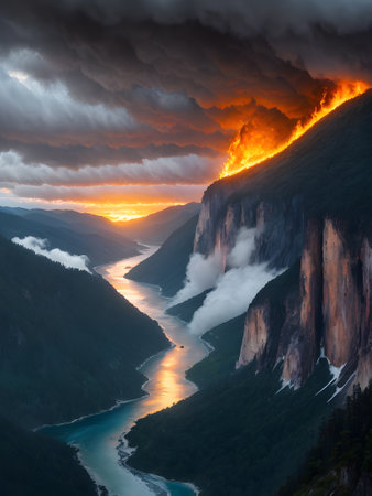 the river flows in a valley, with the mountains with the burning forest on the slope of the volcano as a backdropの素材