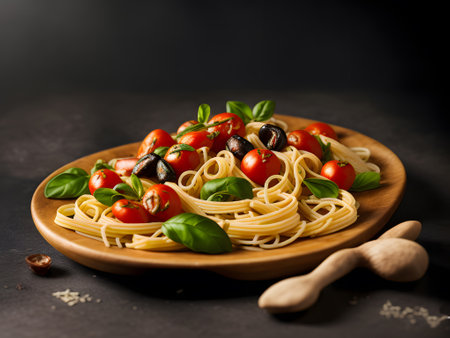 Spaghetti pasta with tomatoes, olives, mozzarella cheese and fresh basil in plate on rustic wooden background. Generative AIの素材