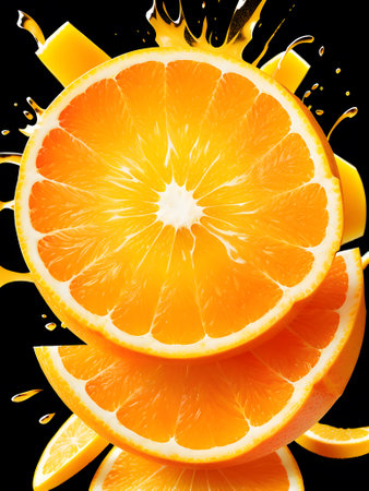 Explosion Orange juice liquid with Orange fruit on yellow background, Orange or grapefruit juice explosion in slow motion. Fruit liquid drops splash, generative aiの素材