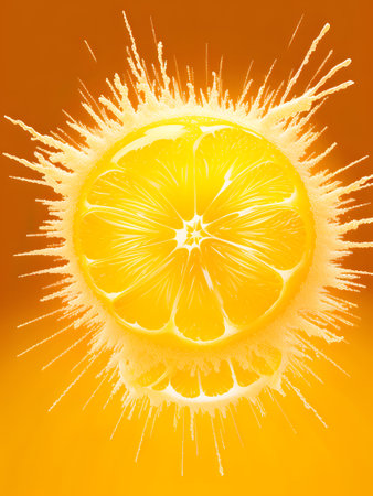 Explosion Orange juice liquid with Orange fruit on yellow background, Orange or grapefruit juice explosion in slow motion. Fruit liquid drops splash, generative aiの素材
