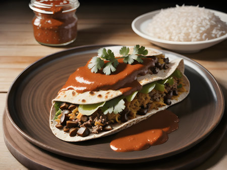 Fresh tortilla wraps with meat and fresh vegetables on plate generative aiの素材