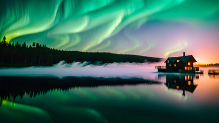 Aurora borealis above a house and trees. Beautiful purple and green Northern Lights in the night sky over lake and forest. Generative AIの素材