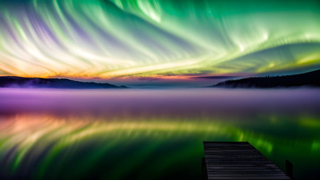 Aurora borealis above a lake. Beautiful purple and green Northern Lights in the night sky over lake with reflection. Generative AIの素材