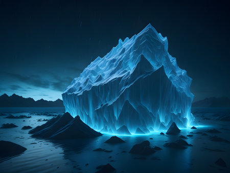 Winter landscape with iceberg. Neon light inside flow glacier. Berg of ice on the water in Antarctica. Generative AIの素材